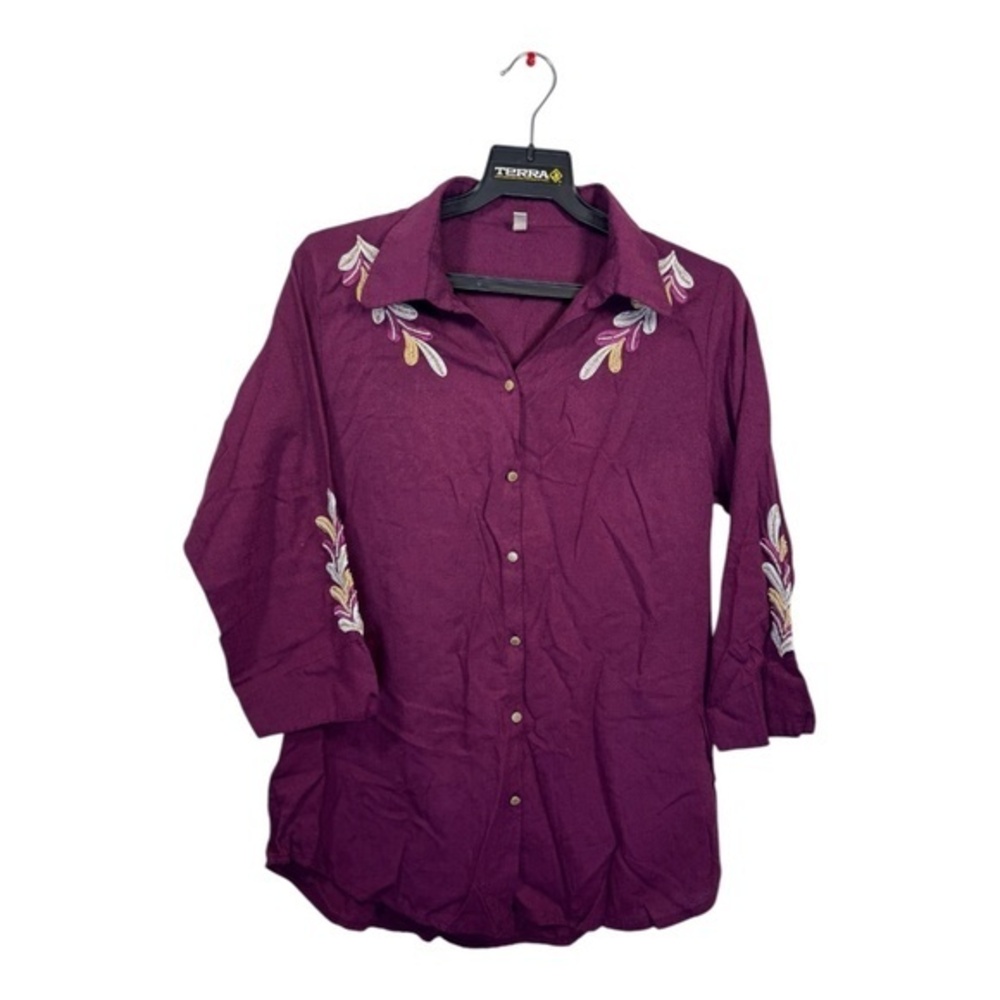 Pendroz Blouse Womens Size XL Burgundy Linen Embroidered Vacation Beach
